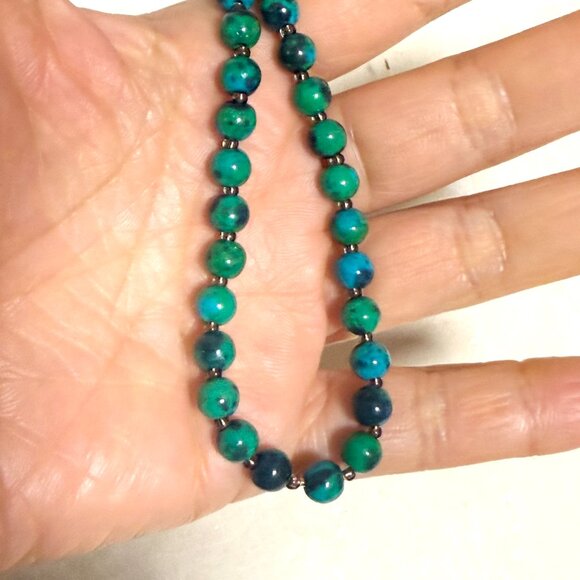 Teal Chrysocolla Short Necklace, Beaded Genuine Gemstone Adjustable Necklace - Picture 10 of 10